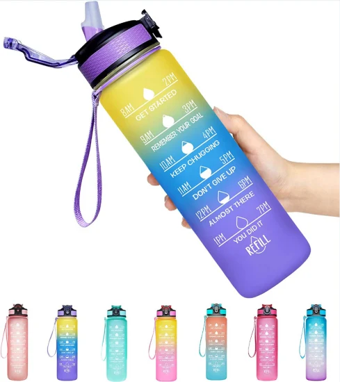 Maßgeschneiderte, auslaufsichere, BPA-freie Sport-Motivationswasserflasche aus Tritan mit 32 Unzen und Strohhalm mit Zeitmarkierung
